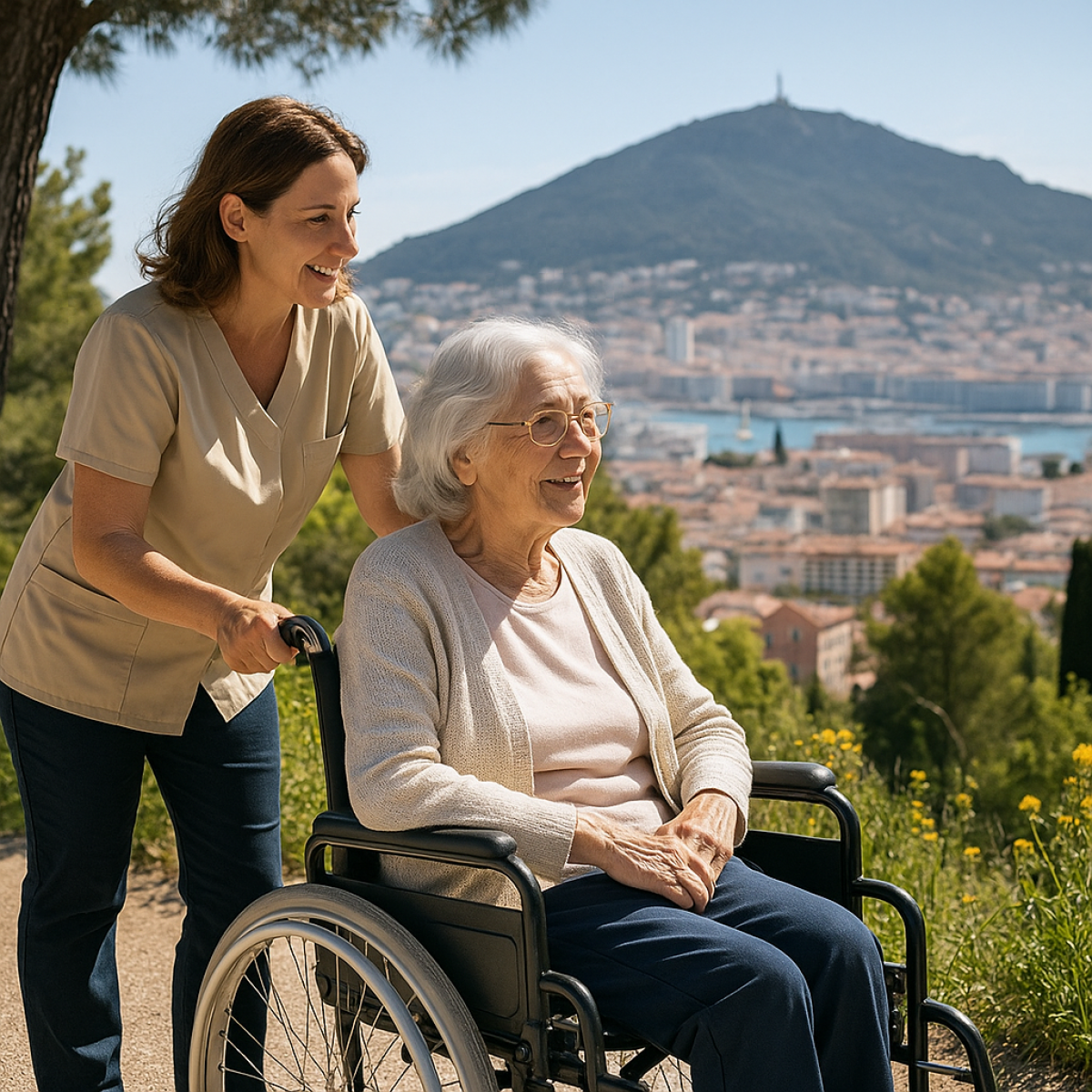 Accompagnement des personnes âgées à Toulon : une auxiliaire de vie soutient une senior en promenade avec vue sur le Mont Faron, symbole du bien-être et du maintien à domicile dans le Var.