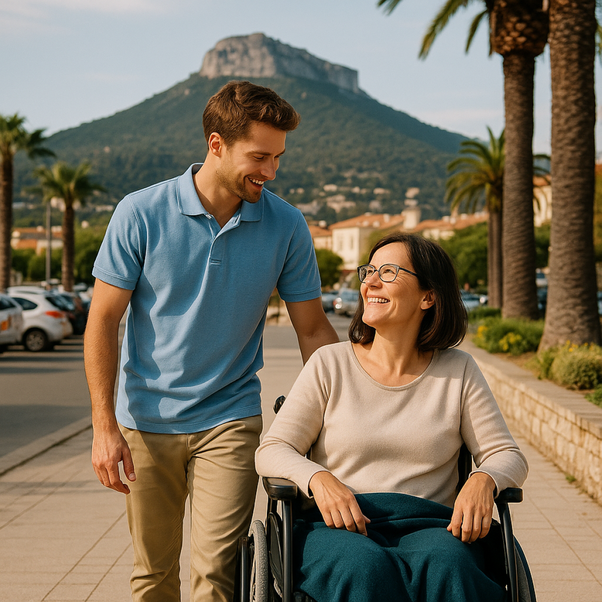 Aide à domicile dans le Var : un accompagnant soutient une personne en situation de handicap lors d’une promenade en bord de mer, symbole d’autonomie et de bien-être