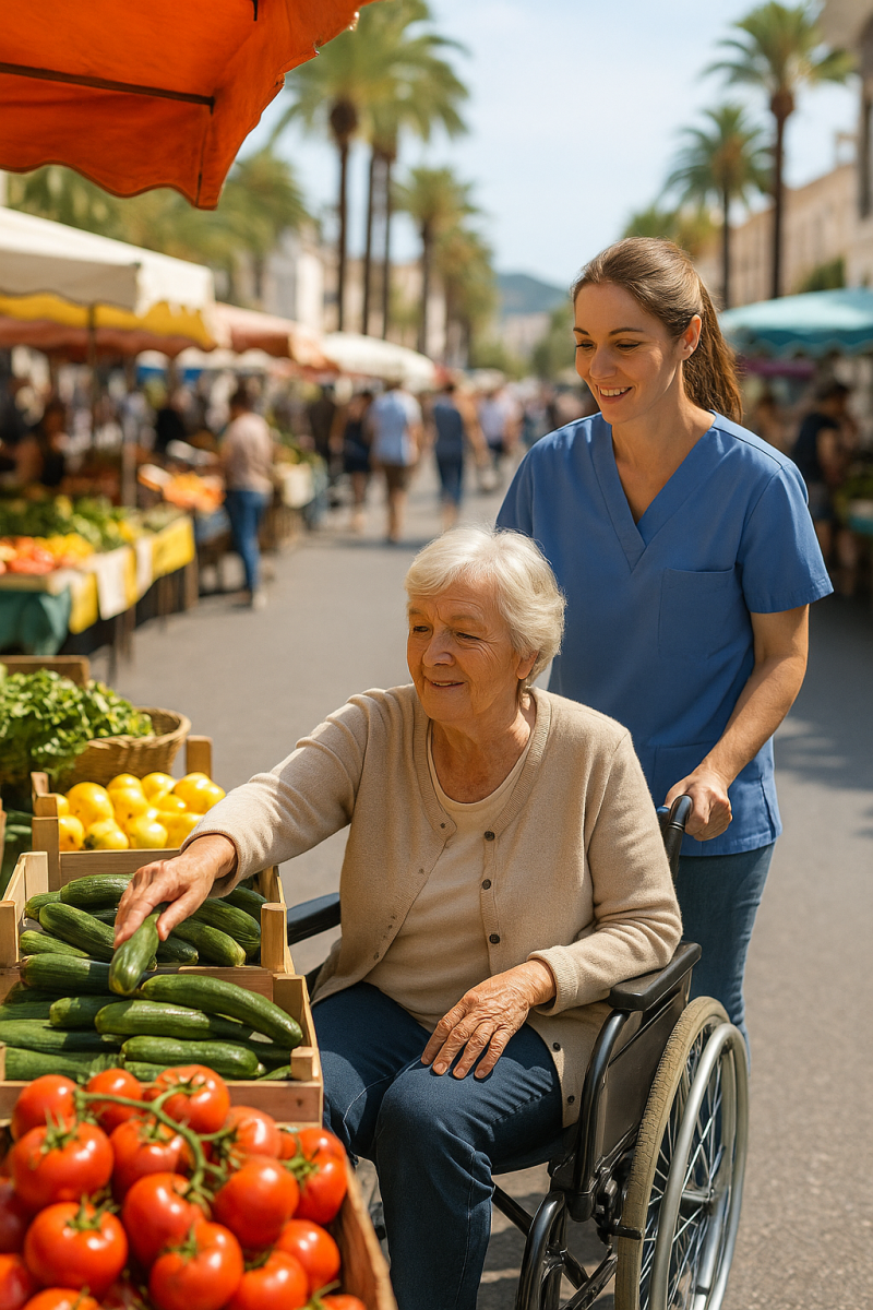 Aide à domicile dans le Var : une senior accompagnée par son aidante profite d’une sortie au marché provençal, symbole d’autonomie et de lien social.