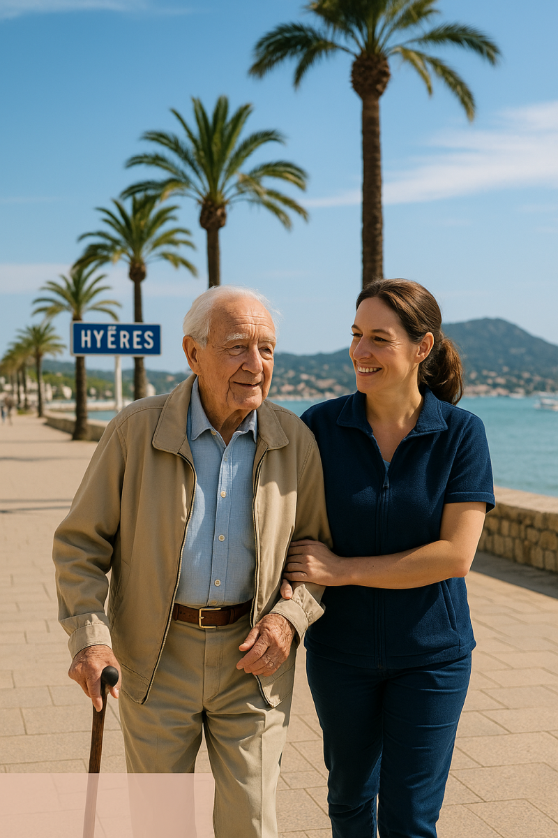 Préserver son autonomie à Hyères : un senior accompagné par son aidante profite d’une promenade en bord de mer, symbole de bien-être et de proximité dans le Var.