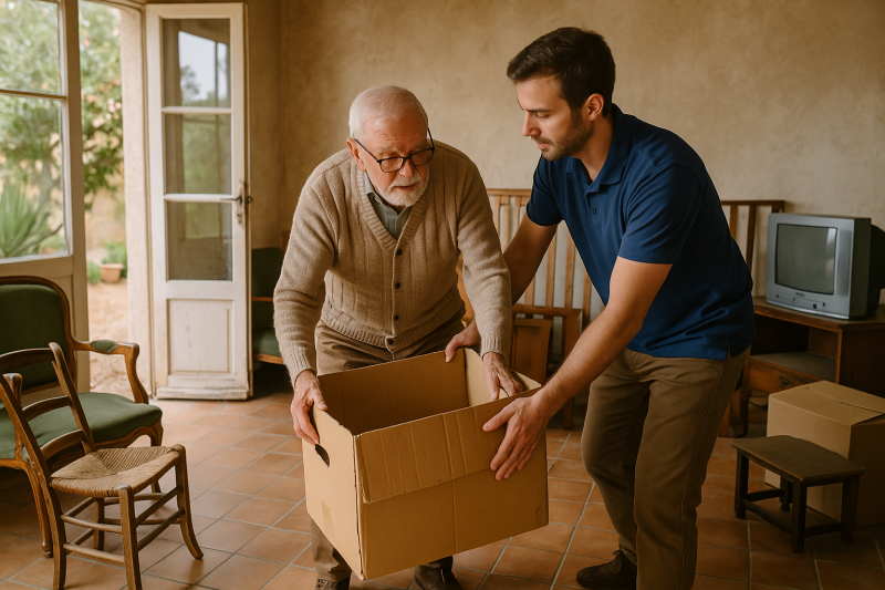 Déblaiement et encombrants à domicile à Toulon : un aidant accompagne une personne âgée pour trier et évacuer des objets volumineux en toute sécurité.