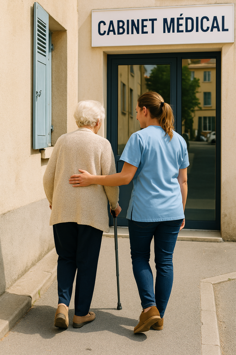 Accompagnement aux rendez-vous médicaux à Toulon : une auxiliaire de vie soutient une senior pour se rendre en toute sécurité chez son médecin.