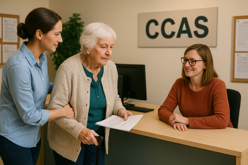 Dépôt d’un dossier d’aide sociale au CCAS : une aidante accompagne une senior dans ses démarches administratives pour l’aide à domicile dans le Var.