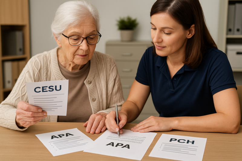 Dossier administratif pour l’aide à domicile dans le Var : une senior accompagnée par une conseillère examine les documents APA, PCH et CESU.