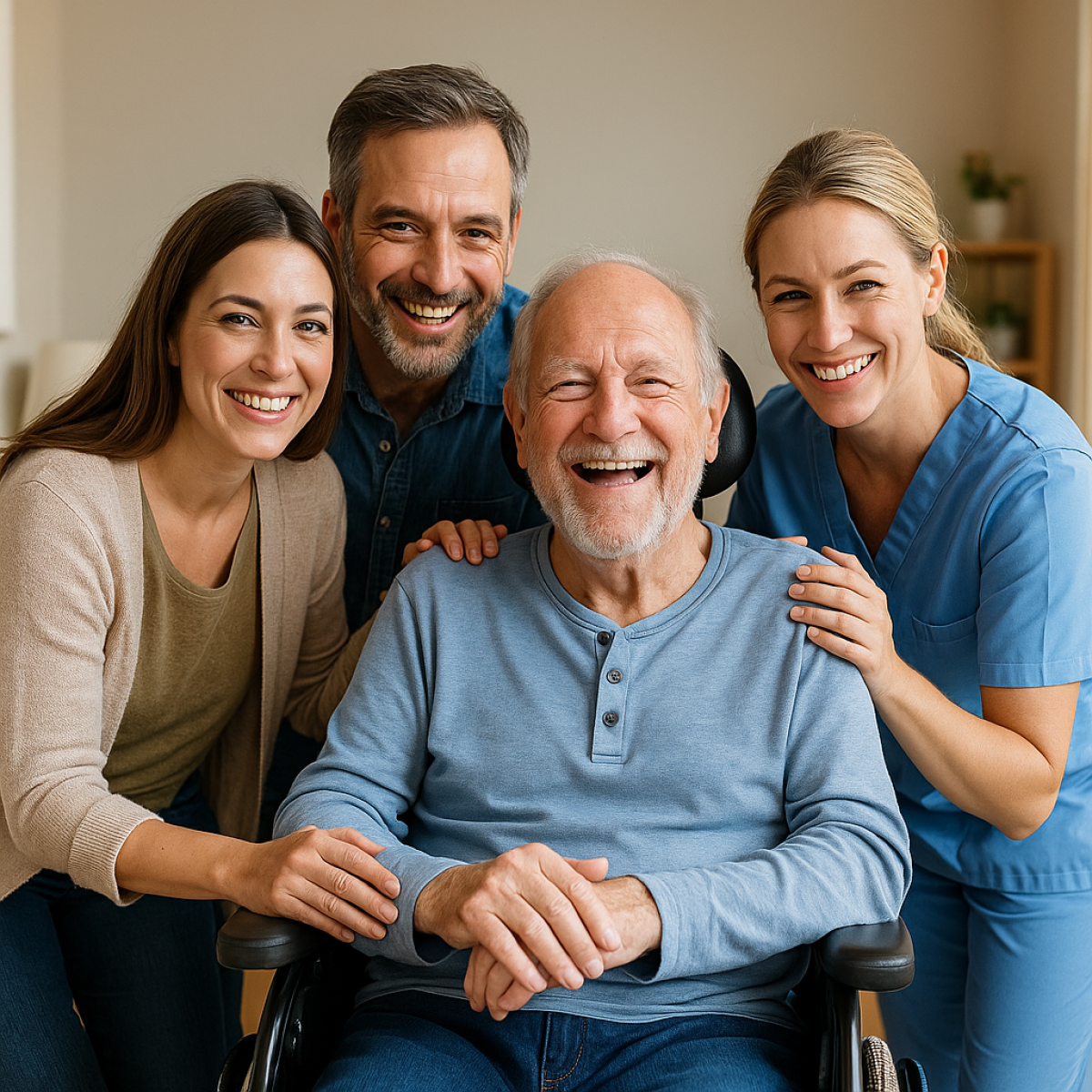 Handicap lourd et vie à domicile : une famille et une auxiliaire de vie souriantes entourent un proche en fauteuil, symbole de soutien et de bien-être dans le Var