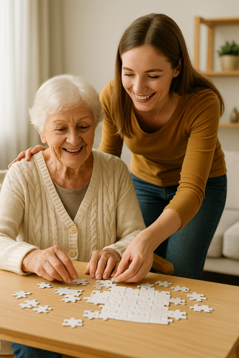 Aide à domicile dans le Var : une jeune aidante partage un moment de complicité avec une senior autour d’un puzzle, symbole de lien social et de bien-être.