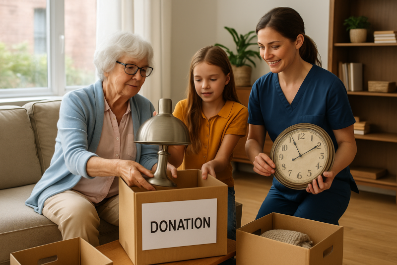 Tri des encombrants à domicile : une aidante et une petite-fille accompagnent une senior dans le Var pour mettre de côté des objets à donner.